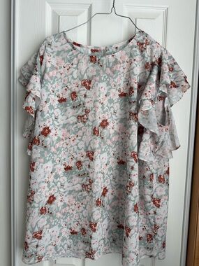 Floral Ruffle Sleeve Blouse - Mint & Rust